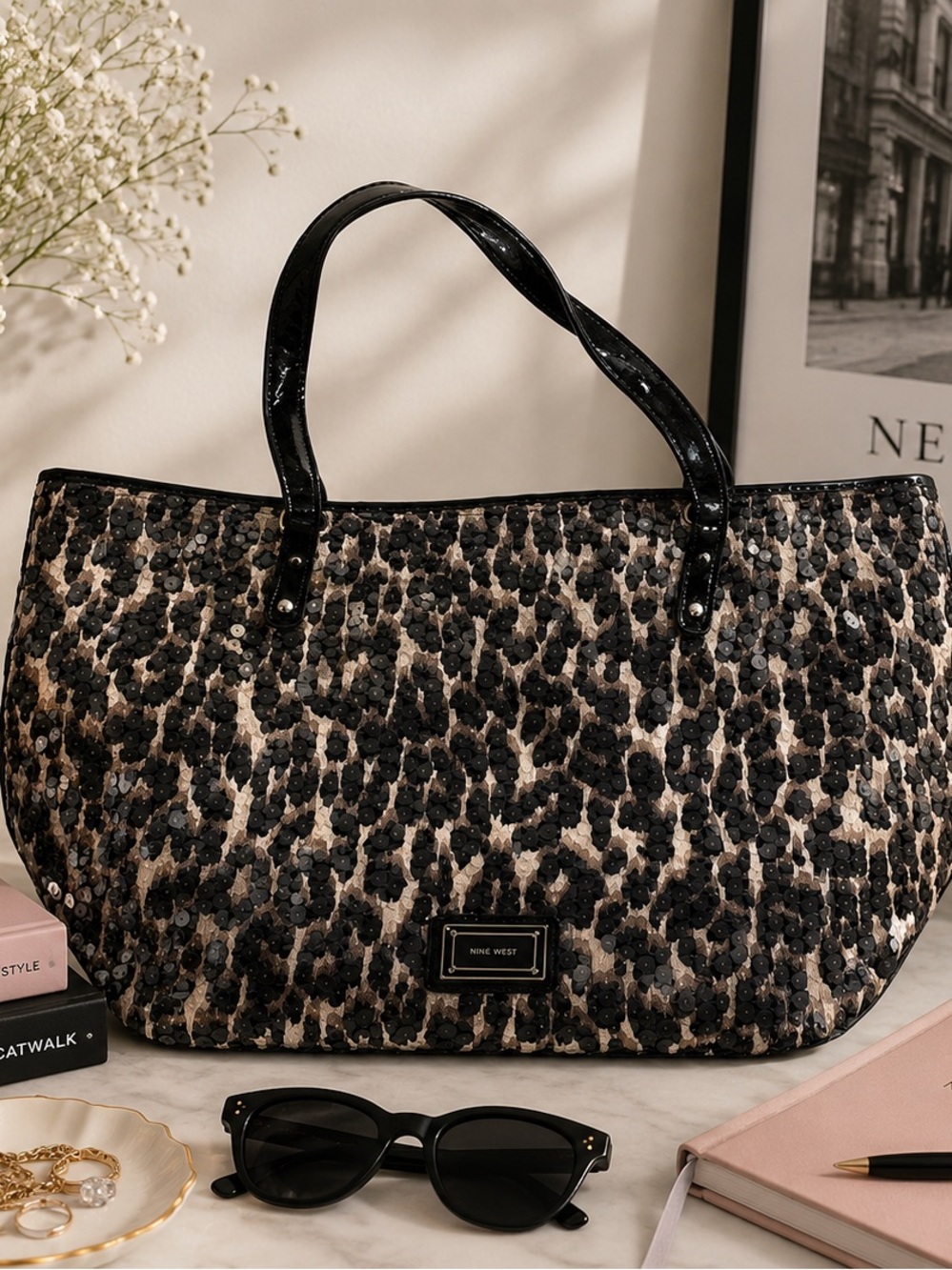Nine West Leopard Sequin Tote Bag with Patent Trim Pink Interior